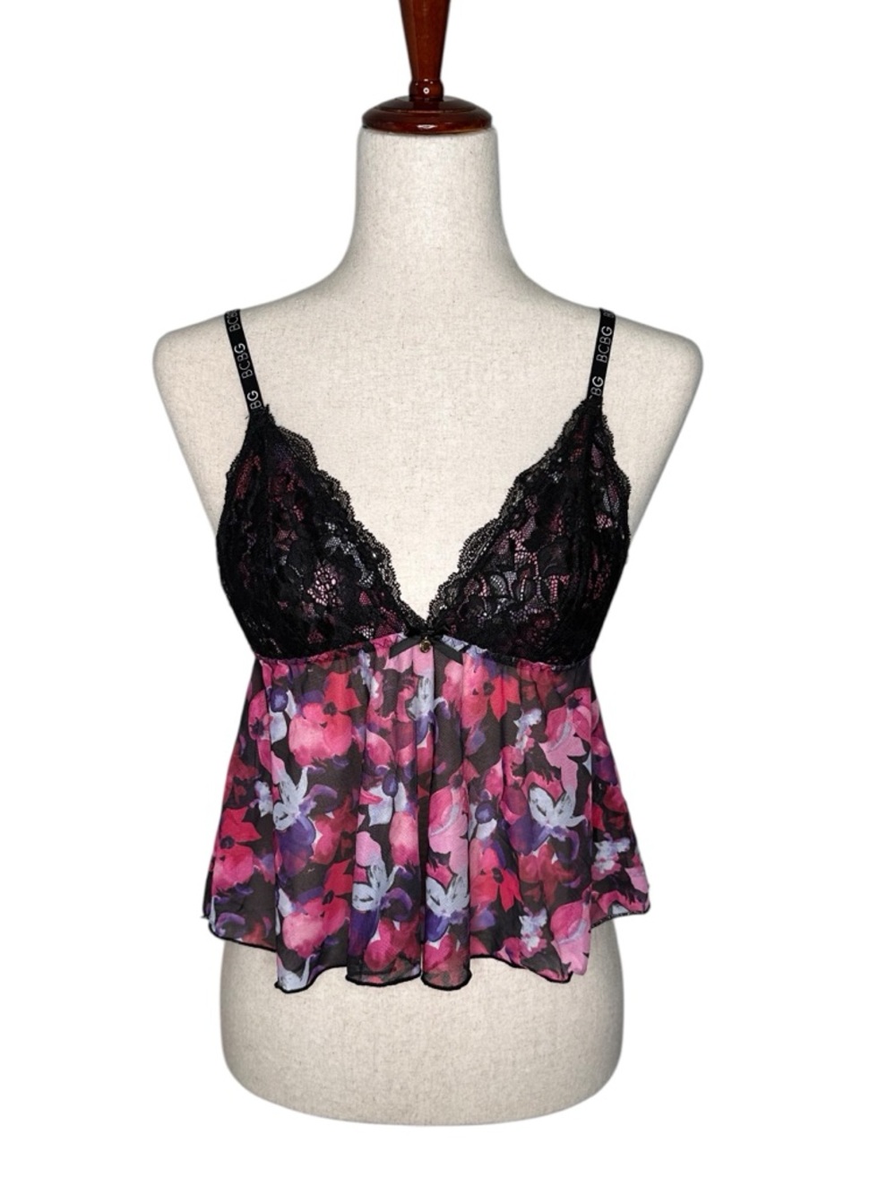 BCBG Black Lace & Pink Floral Sheer Camisole size M. Romantic feminine